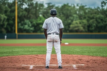 A baseball player stands on the field. The image is perfect for depicting the sport of baseball, showcasing a player's readiness and anticipation.