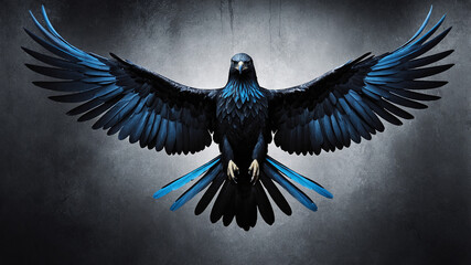 Dark majestic bird with bright blue feathers spread out against a stormy gradient background, full view.