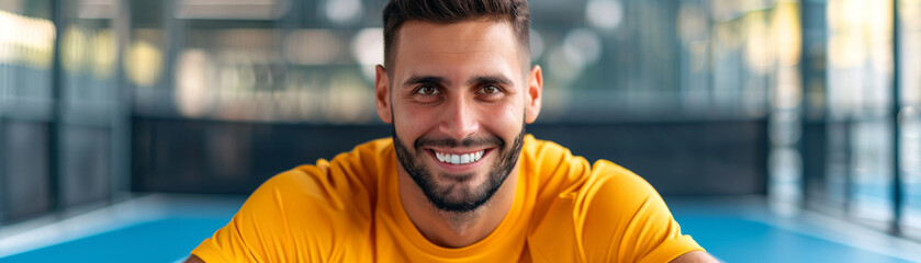 Fototapeta premium Smiling man with beard wearing yellow shirt in indoor setting, natural light. Positive expression and relaxed posture
