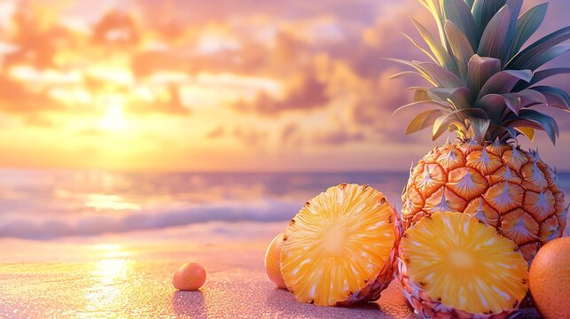 A vibrant pineapple sits on a beach at sunset, surrounded by lush colors of nature, evoking a tropical paradise feel.