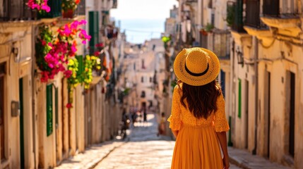 A woman in a yellow dress and hat strolls down a picturesque street adorned with vibrant flowers and a view of the sea. Hispanic Heritage, Day of the dead