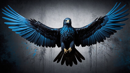 Dark majestic bird with bright blue feathers spread out against a stormy gradient background, full view.