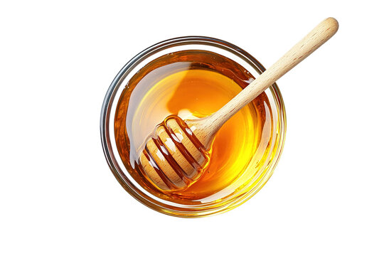 Glass bowl of pure honey with honey dipper isolated on a transparent background. cut out in PNG format for graphic design, isolated on a white background. top view.