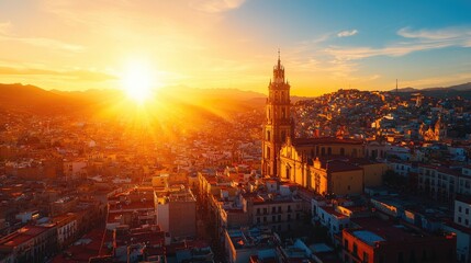 Breathtaking sunset over a vibrant city skyline, highlighting historical architecture and golden hues in the sky. Hispanic Heritage, Day of the dead
