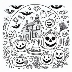 Obraz premium Halloween drawing printable with easy playful halloween images of haunted house, bats, pumpkins , ghosts and brooms for children to colour / paint