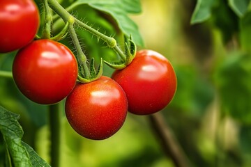 Vibrant red tomatoes hang from a green vine in a lush garden setting, showcasing the freshness of nature.
