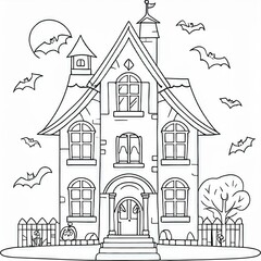 Fototapeta premium Halloween drawing printables with playful halloween haunted house for little kids to colour / paint