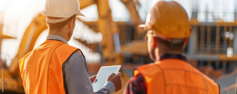 Wall mural two construction workers wearing orange vests and hard hats discussing a project while looking at a 