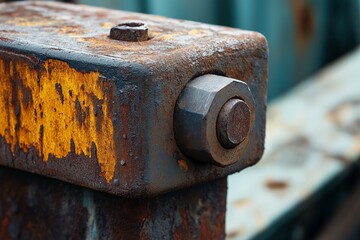 A detailed close-up of a rusty bolt on a weathered metal surface, depicting age, endurance, and industrial appeal.