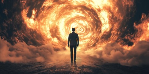 A lone man standing in front of a swirling vortex of fiery clouds, representing a journey towards the unknown or dramatic change.