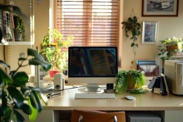 Modern Office Workspace With Laptop Desktop and Plants