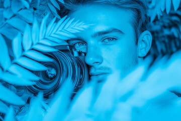 A person with intense blue filter is captured taking a photo using a camera amid lush leaves.