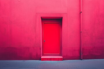 A bold red door set against a matching red wall, showcasing minimal design and striking visual appeal.