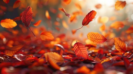 Vibrant autumn leaves falling gracefully in a forest, capturing the essence of fall with warm, orange and red foliage under soft sunlight.