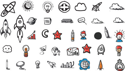 Fototapeta premium Hand Drawn Doodle Icons Business Startup Technology Science Education Medical Concept Vector Illustration Set Isolated On White Background