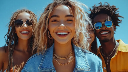Diversity group of young friends having fun together outdoors rejoicing sunny weekend day