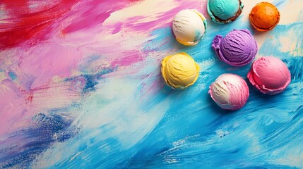 Colorful ice cream scoops on a painted background.