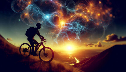 Obraz premium A person is riding a bicycle at sunset through mountainous terrain.