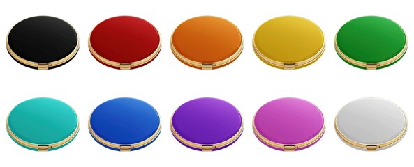 Set of vibrant round compacts in various colors, top view. Ideal for beauty and cosmetic packaging. Isolated on white background. Generative ai