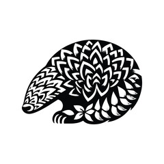 Pangolin folk art black and white silhouette illustration -