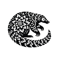 Pangolin folk art black and white silhouette illustration -
