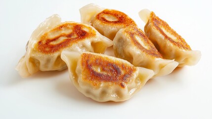 Fried Dumplings, watercolor style, golden-brown tones, crispy texture, white background, Asian snack, detailed illustration