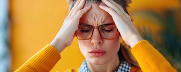 Woman with headache in glasses and yellow sweater holding her head in both hands, orange background, indoor setting, close-up of facial expression. - Powered by Adobe