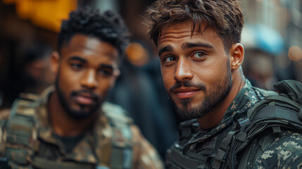 Fototapeta premium Two men in military uniform, one looking directly at the camera.