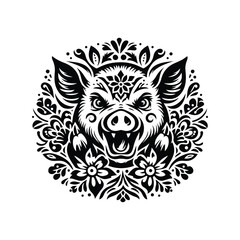 Obraz premium Pig in folk art black and white silhouette illustration -