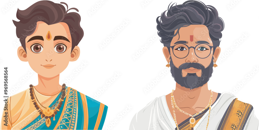 Wall mural Indian Hindu Men Wearing Traditional Clothes Dhoti Kurta Spirituality Hinduism Religious Beliefs Faith Culture Tradition Portrait Isolated On White Background Illustration Avatar Icon Cartoon