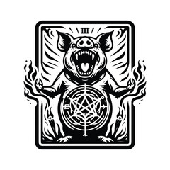 Pig in Tarot card black and white silhouette illustration -