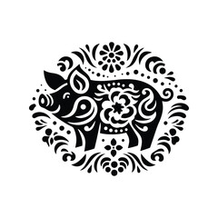 Pig in folk art black and white silhouette illustration -