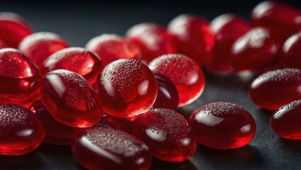 Close-up of red jelly candies, both round and elongated, sweet treats.
