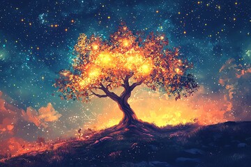 Glowing celestial tree in a dreamlike fairytale landscape, Watercolor style