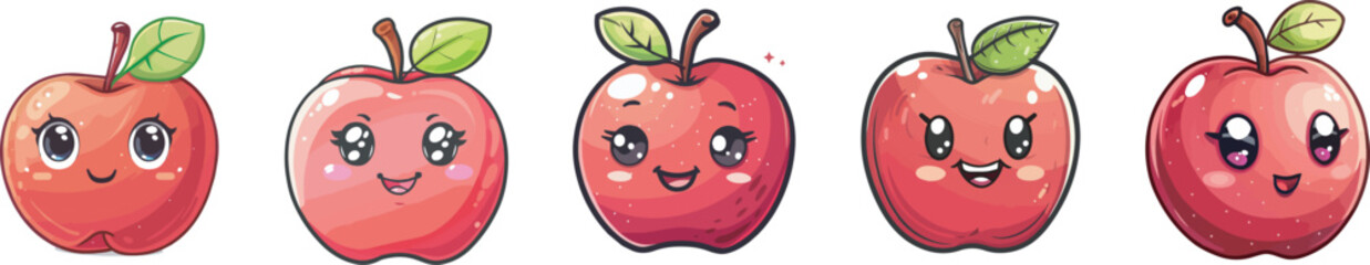 Obraz premium Five Cute Red Apple Cartoon Characters with Happy Smiling Faces kawaii mascot logo design illustration healthy food fruit children kids branding marketing