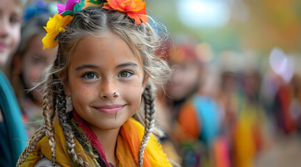 Fototapeta premium Portrait of a Young Girl with Flowers in Her Hair - Photo