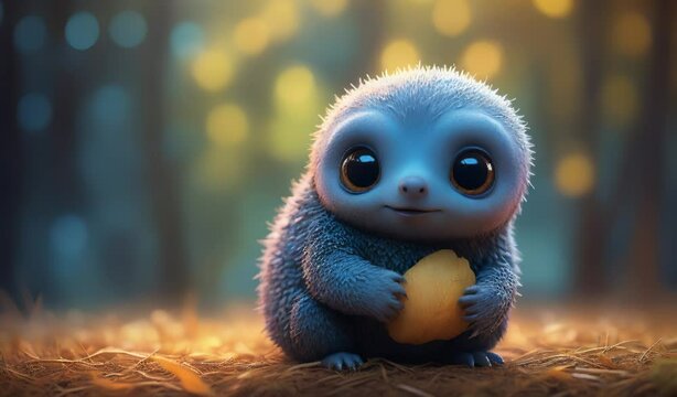 Adorable Blue Hedgehog Holding a Pinecone in a Forest at Sunset