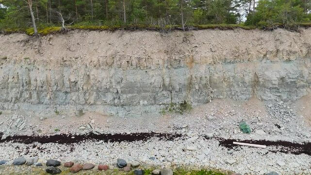 Aerial Video Panga Coastal Cliff and Lighthouse, Northern Shore of Saaremaa Island Near Kuressaare, Baltic Sea. Saaremaa, Estonia. 4K Panoramic Aerial Video of The Panga Cliffs
