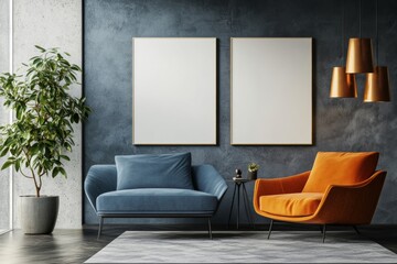 chambray blue and burnt orange modern apartment interior with blank canvases above the armchairs  in the living room, lounge zone of psychology clinic
