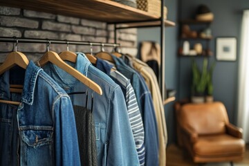 Obraz premium jeans denim chambray blue clothing on a open rack wardrobe in modern apartment interior, minimal style. fashion. 