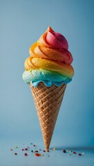 Colorful rainbow ice cream cone placed against a soft blue background