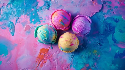 Four colorful ice cream scoops on a blue and purple background.