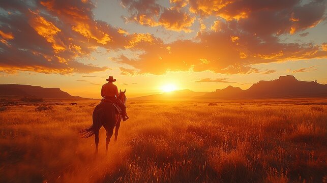 Lone cowboy riding into the sunset across vast plains