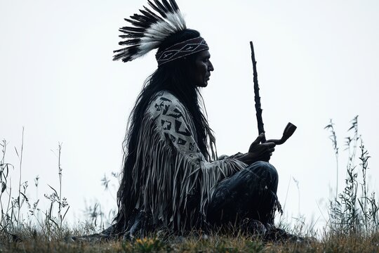 Serene silhouette of a Native American shaman holding peace pipe in traditional headdress