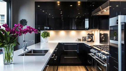 Modern kitchen with sleek black cabinets, white countertops, and floral decor.