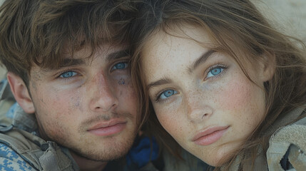 Young man and woman with blue eyes look intensely into the camera.