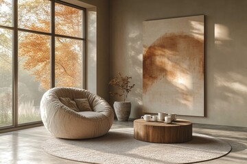 Cozy Living Room with Large Window and Beige Armchair