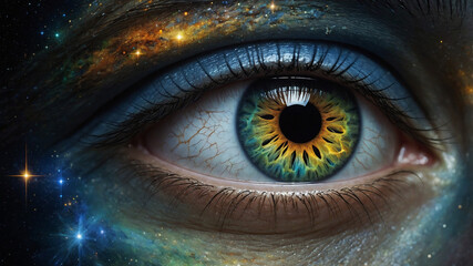 A vibrant close-up of a human eye with a mesmerizing galaxy-like pattern in the iris and vivid colors.