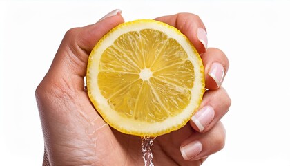 Hand squeezes lemon juice on a white background, isolated
