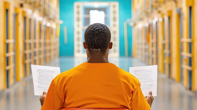 A person in an orange uniform reads documents in a prison corridor, showcasing the reality of incarceration.